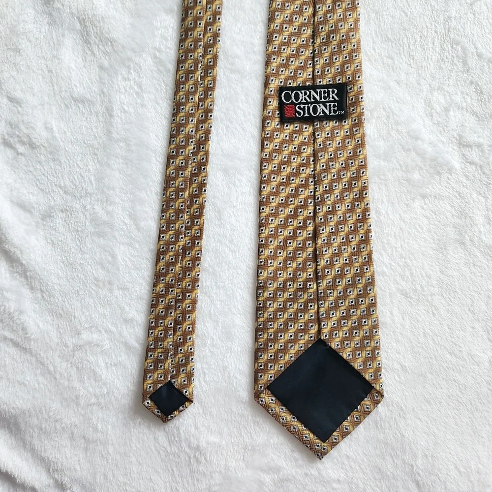Vintage‎ 90s Geometric Gold Tie Foulard Square White Navy Men's Tall Cornerstone